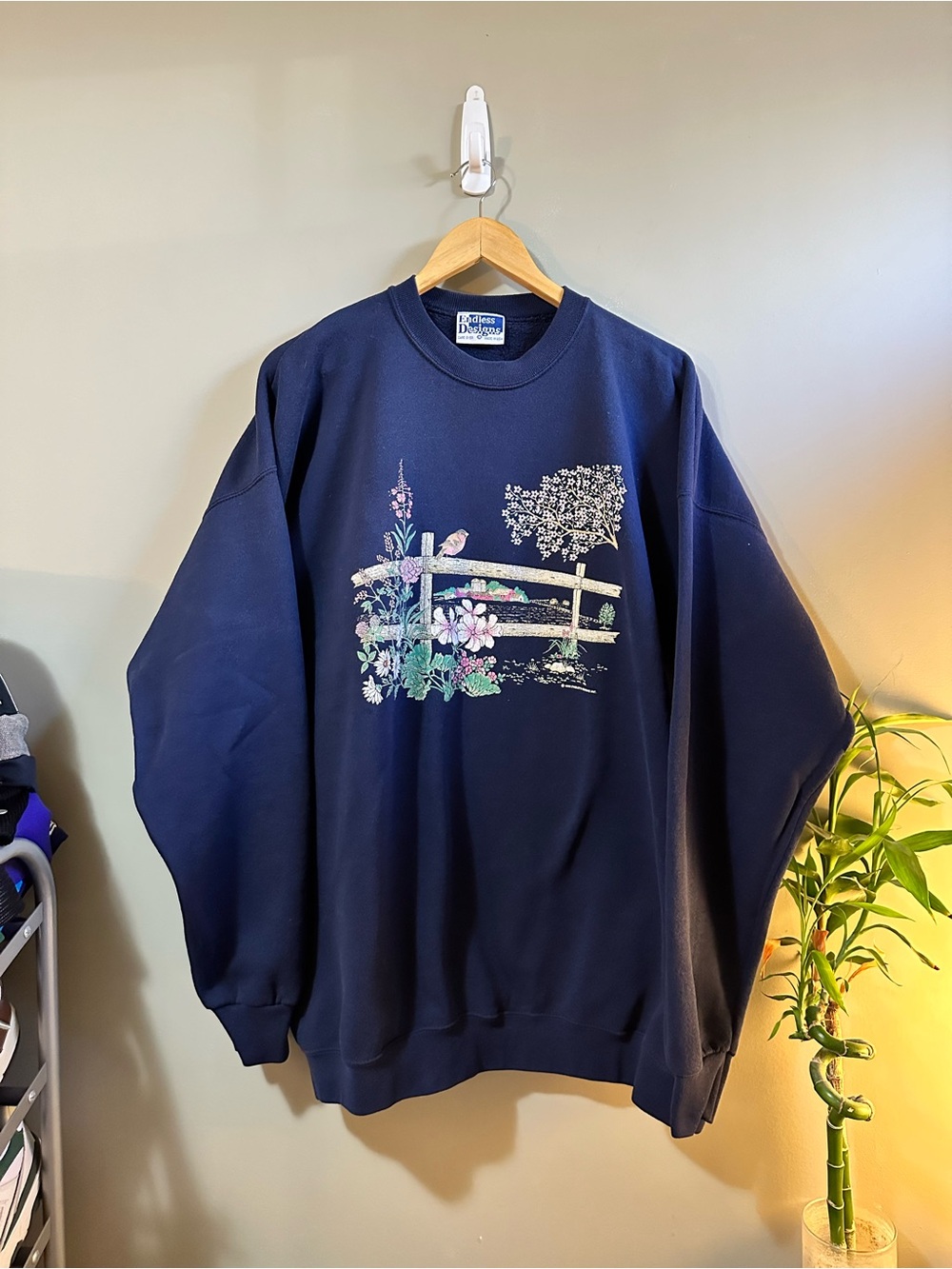 Vintage 1996 Navy Floral Graphic Crewneck Sweater Made in USA